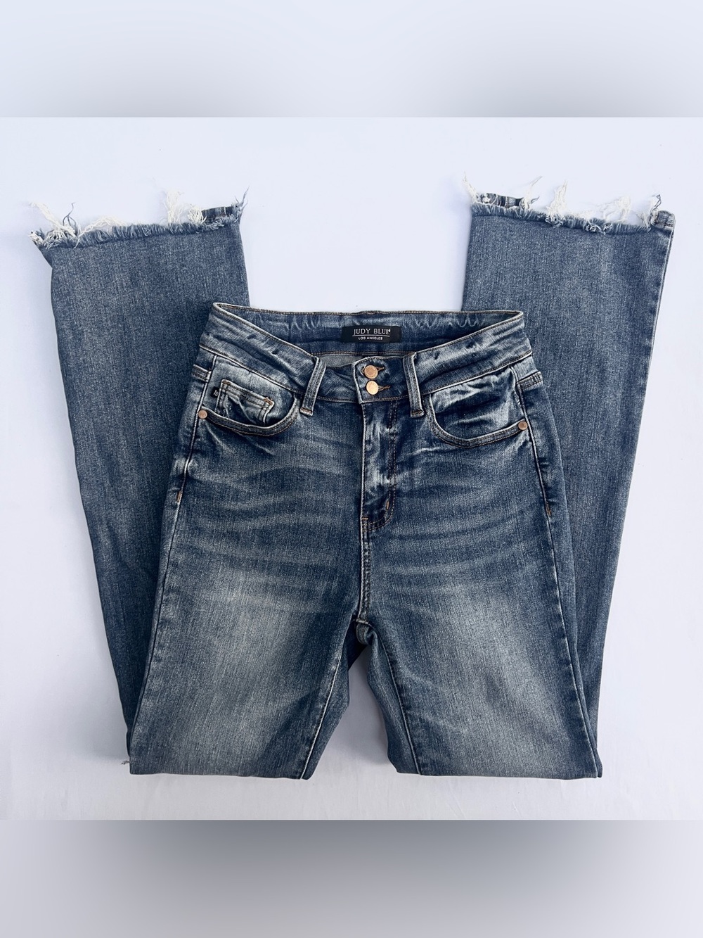 Judy Blue Mid Wash Straight Leg Jeans with Frayed Hem